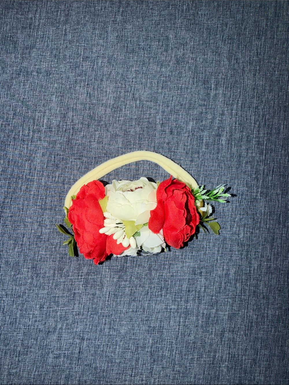 Floral Headband with Red and White Blooms